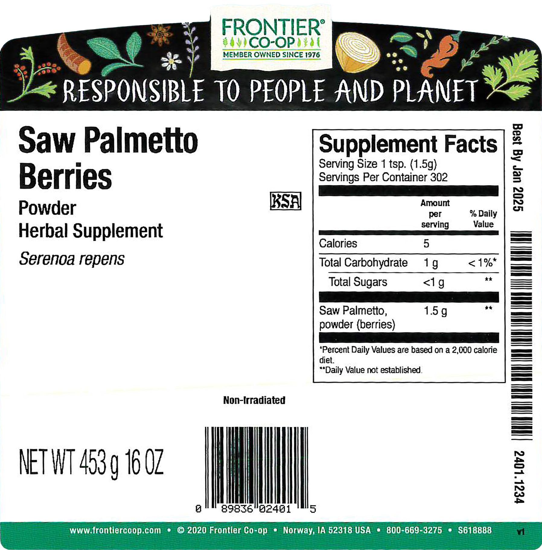 Frontier Co-op Saw Palmetto Berries Powder dispensing scoop for easy measuring