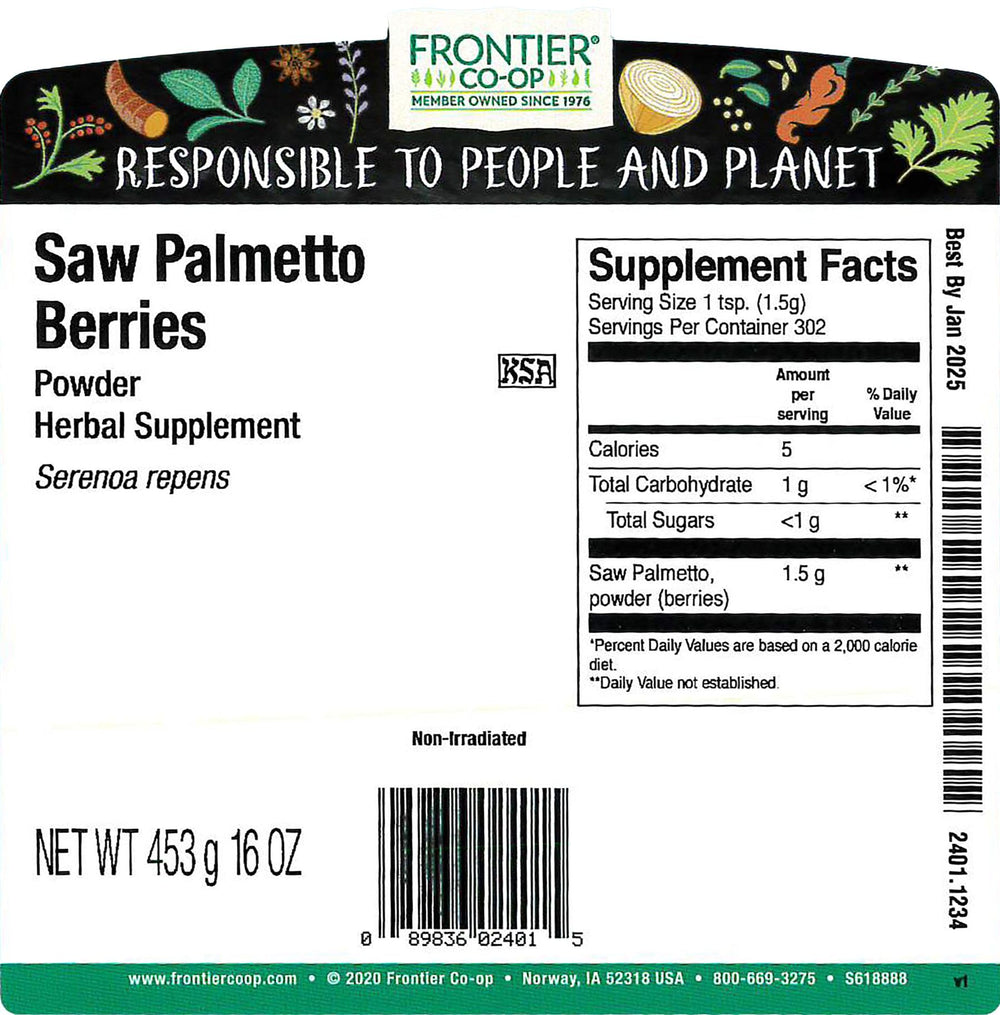 Frontier Co-op Saw Palmetto Berries Powder dispensing scoop for easy measuring
