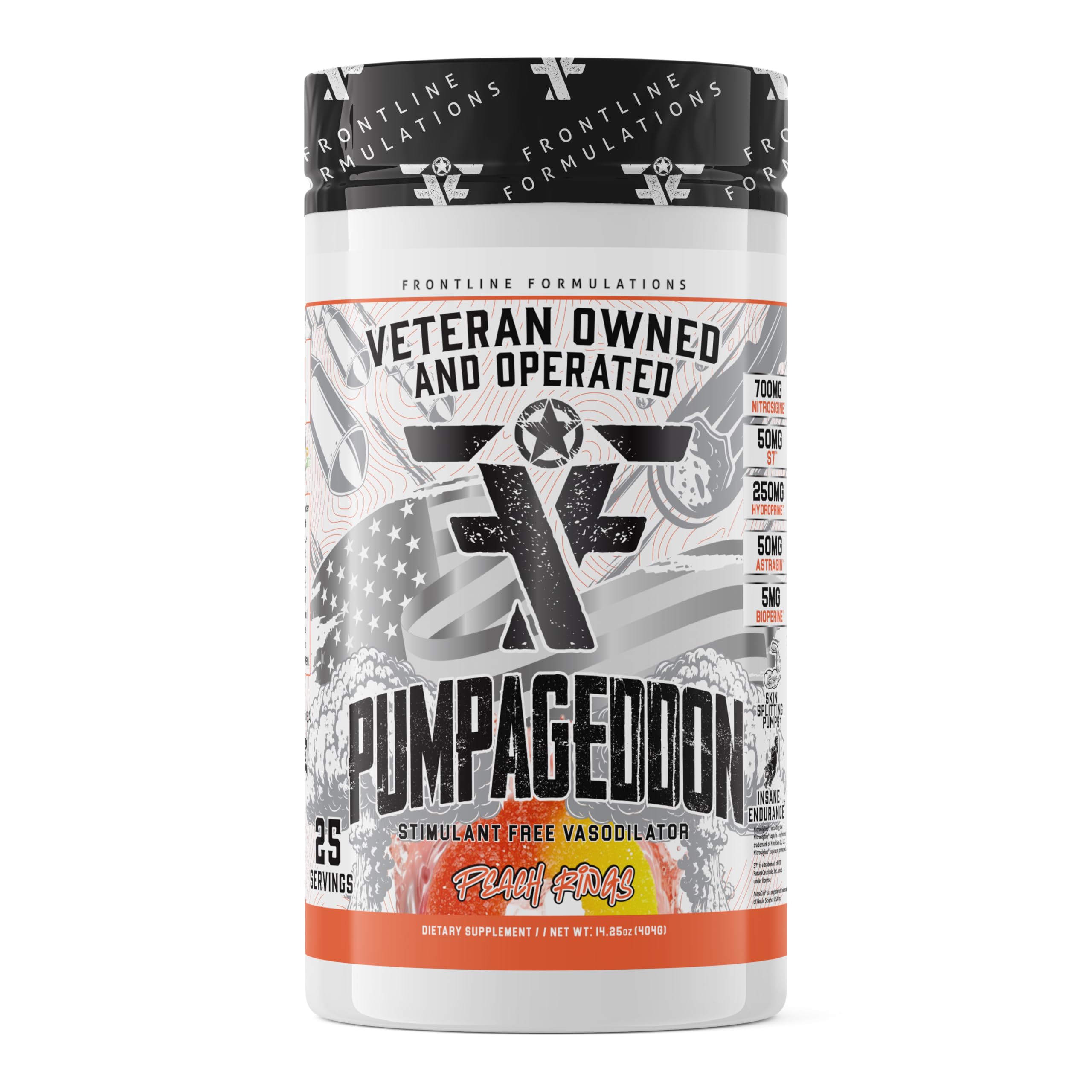 Frontline Formulations Pumpageddon bottle front for a non-stim pre-workout boost.