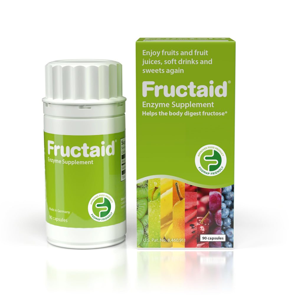 Fructaid bottle with capsules ready to support fructose digestion.