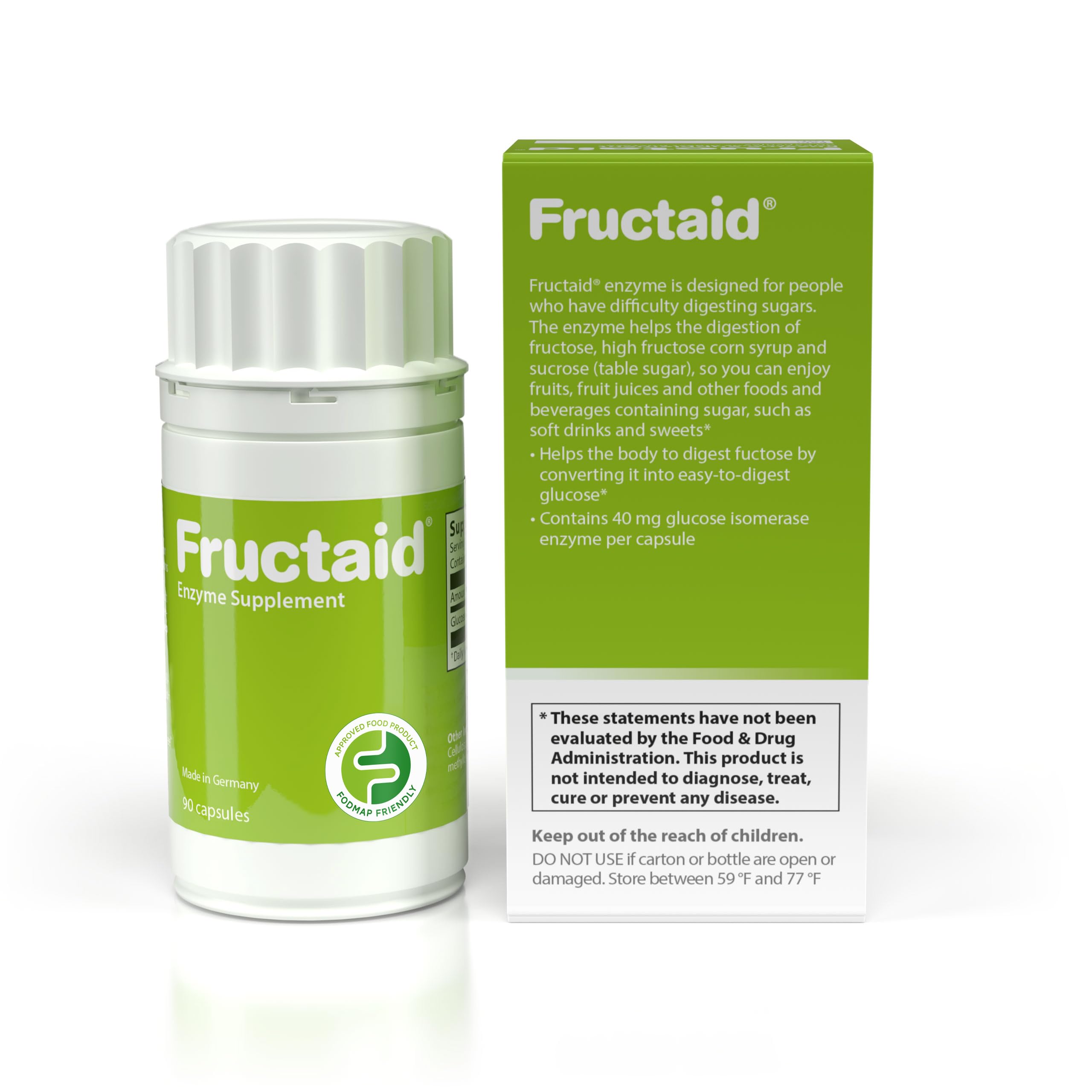 Fructaid capsules close-up in a tidy bottle.
