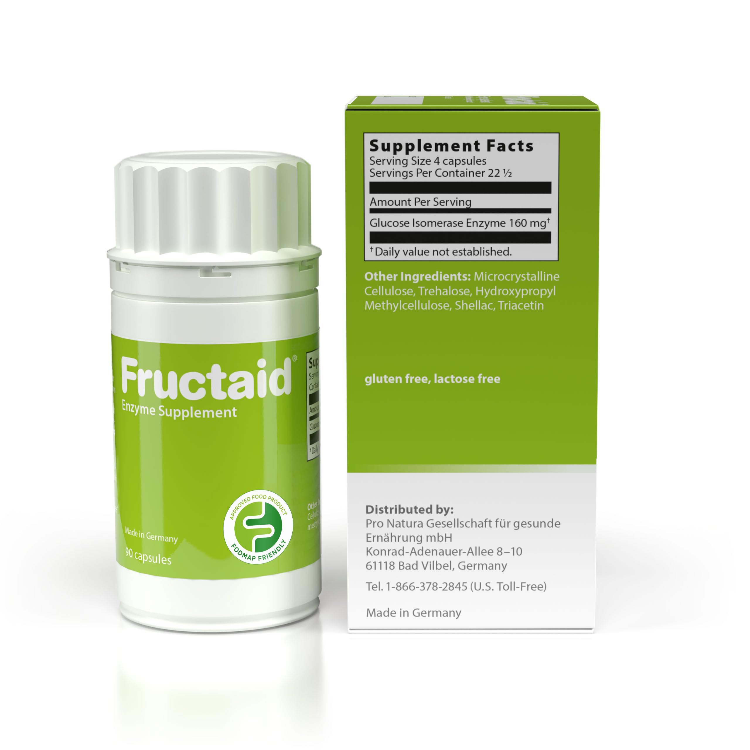 Fructaid box highlighting gluten-free and lactose-free formula.