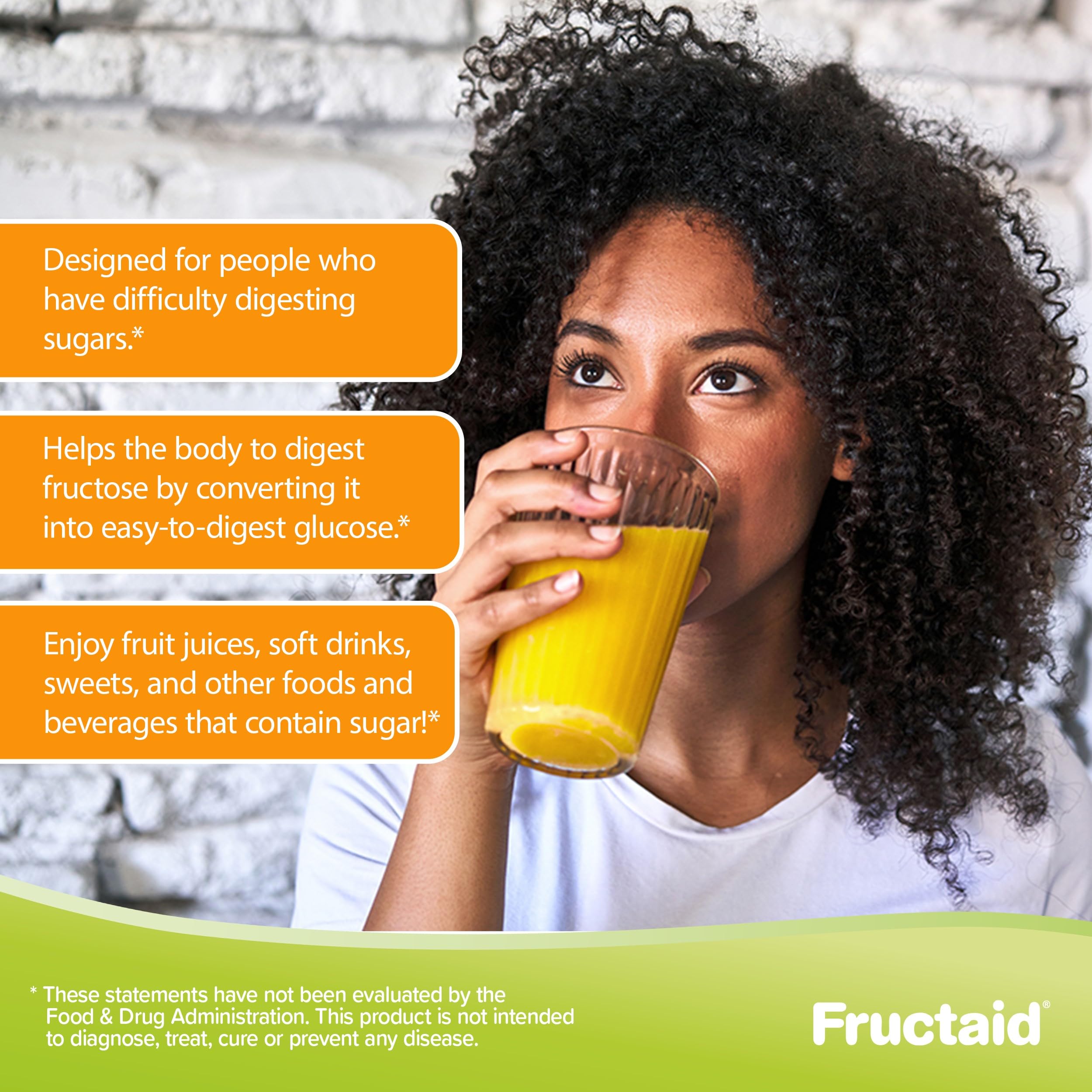 Fructaid packaging near sweets and soft drinks illustration.