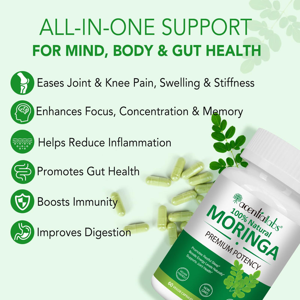 FSLHCY Moringa packaging shows vegan, non-GMO, gluten-free attributes.