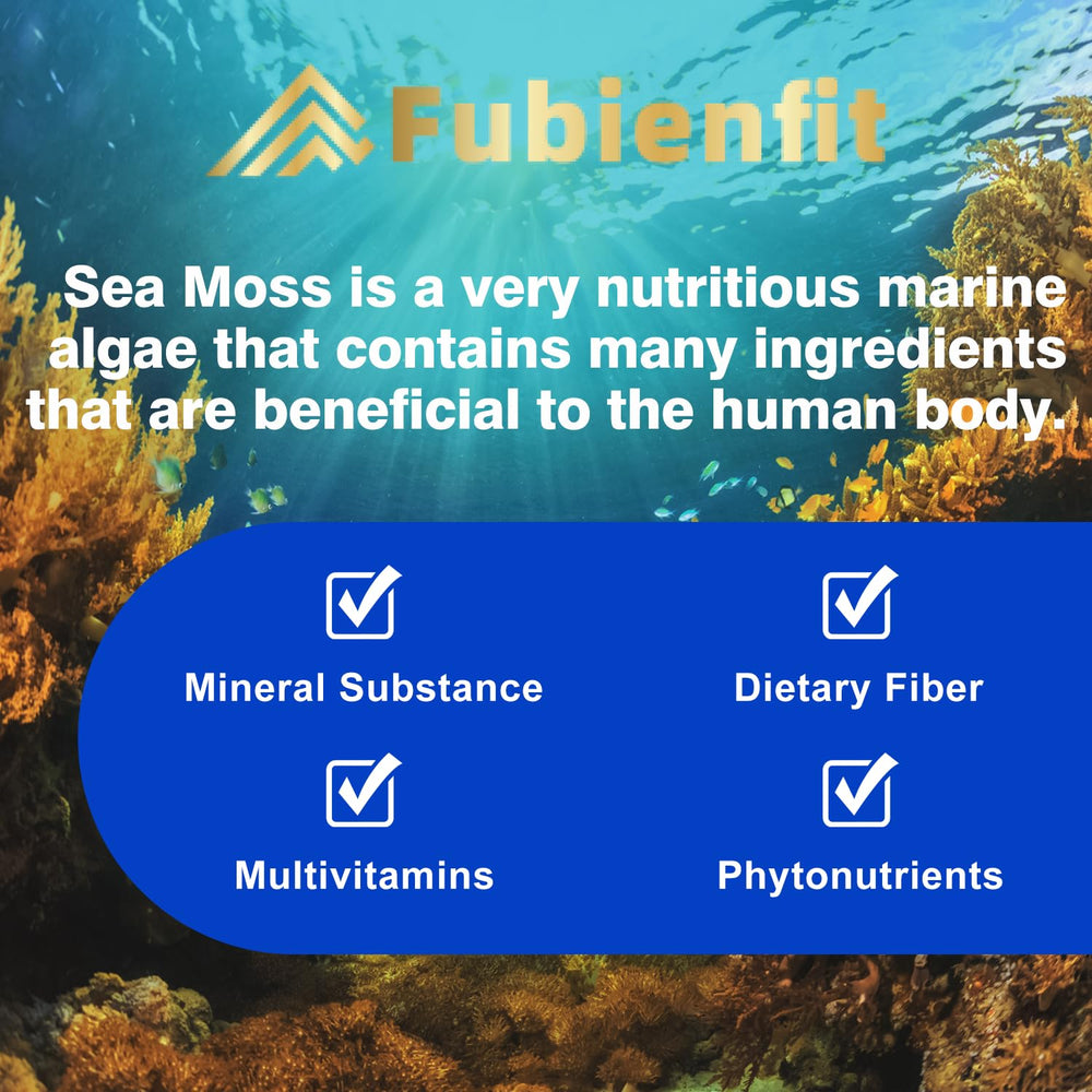 Ingredients laid out: sea moss, ginger, ashwagandha signaling a natural blend.