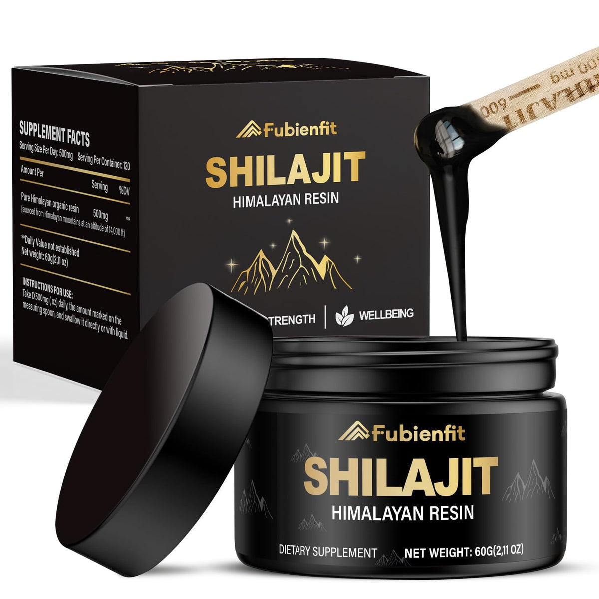 Fubienfit Pure Himalayan Shilajit resin in a jar, a mineral-rich concentrate for daily vitality.