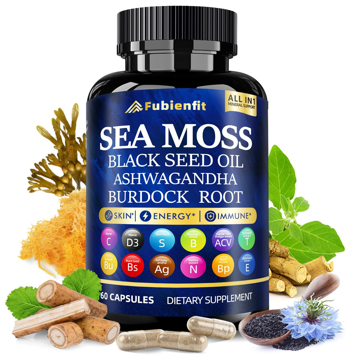 Fubienfit sea moss capsules bottle showcasing daily energy and immune vitality.