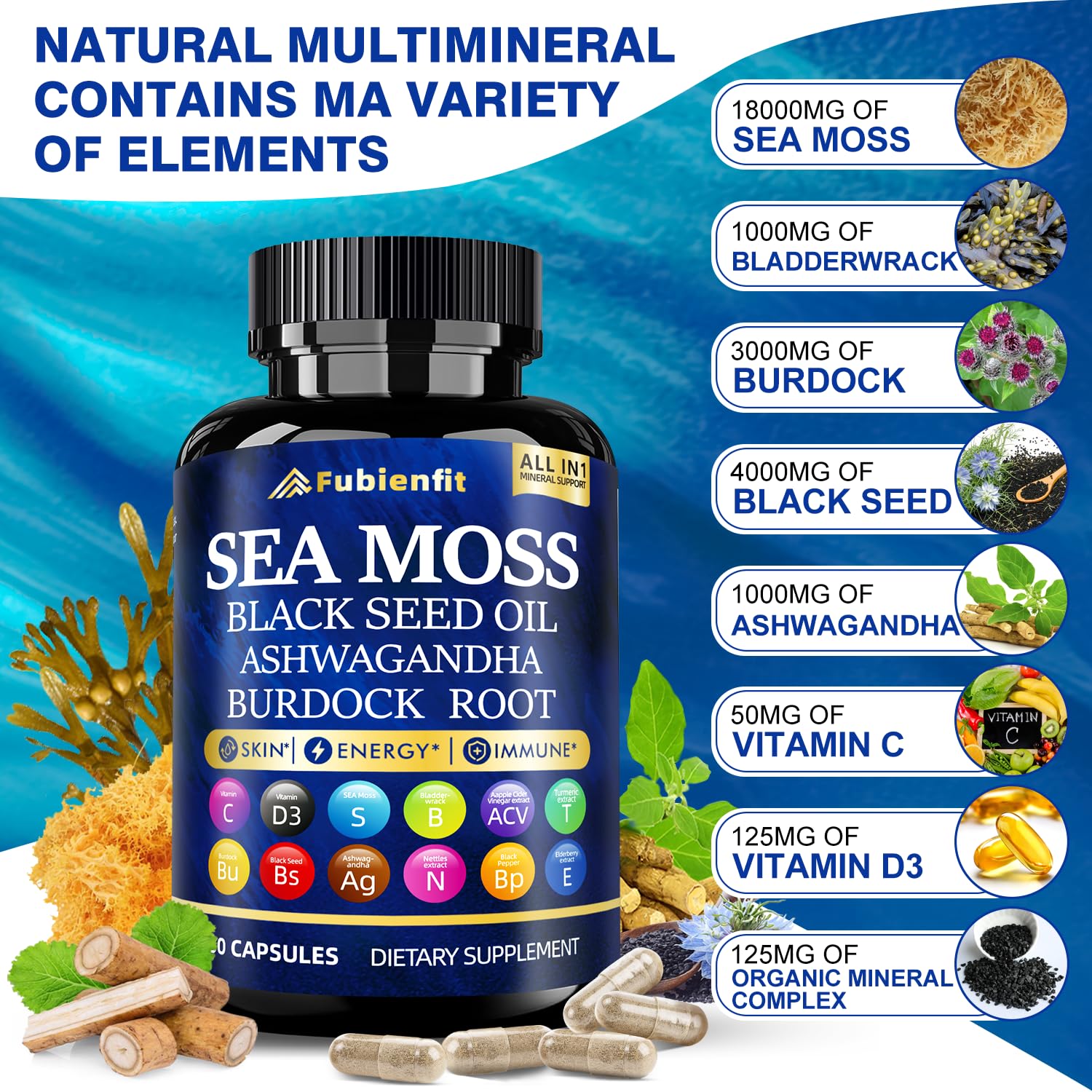 Fubienfit bottle label highlights organic Irish sea moss and vegan ingredients.