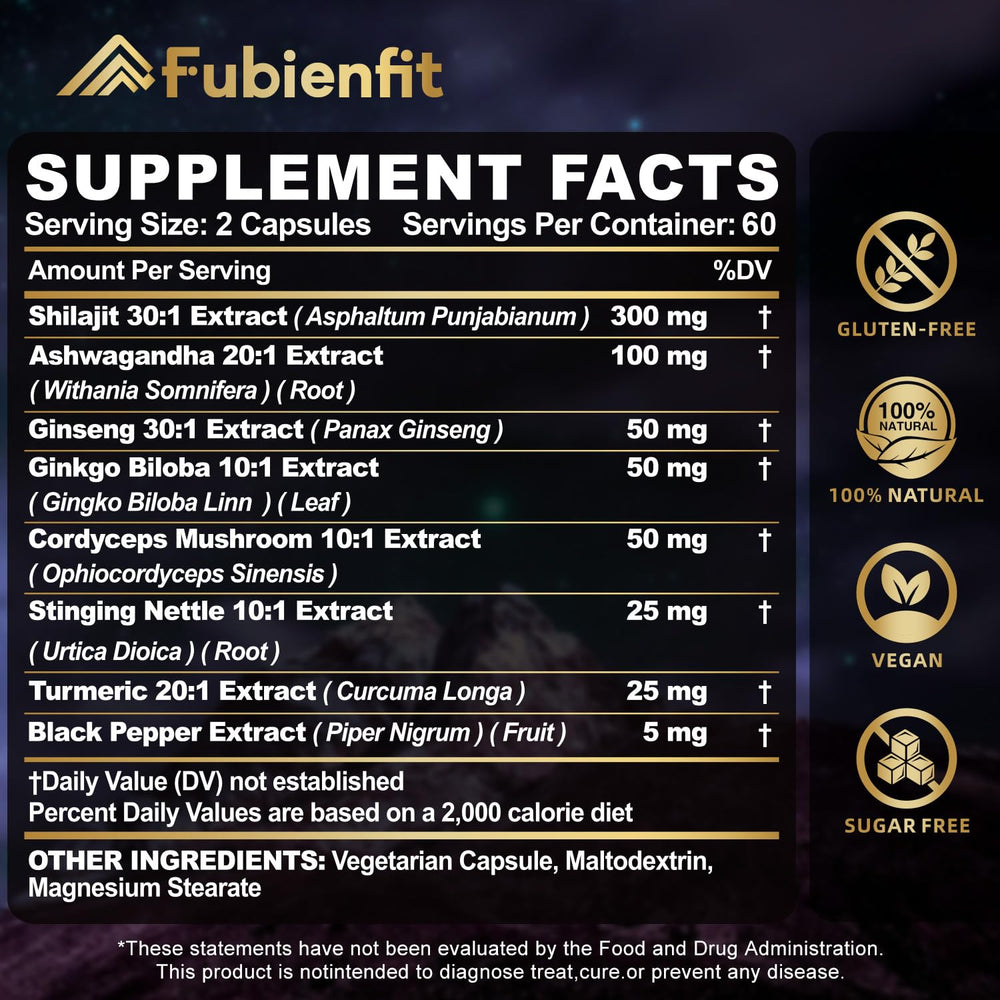 Fubienfit Shilajit Capsules with Ashwagandha and Ginseng blend on label