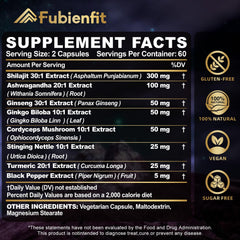 Fubienfit Shilajit Capsules with Ashwagandha and Ginseng blend on label