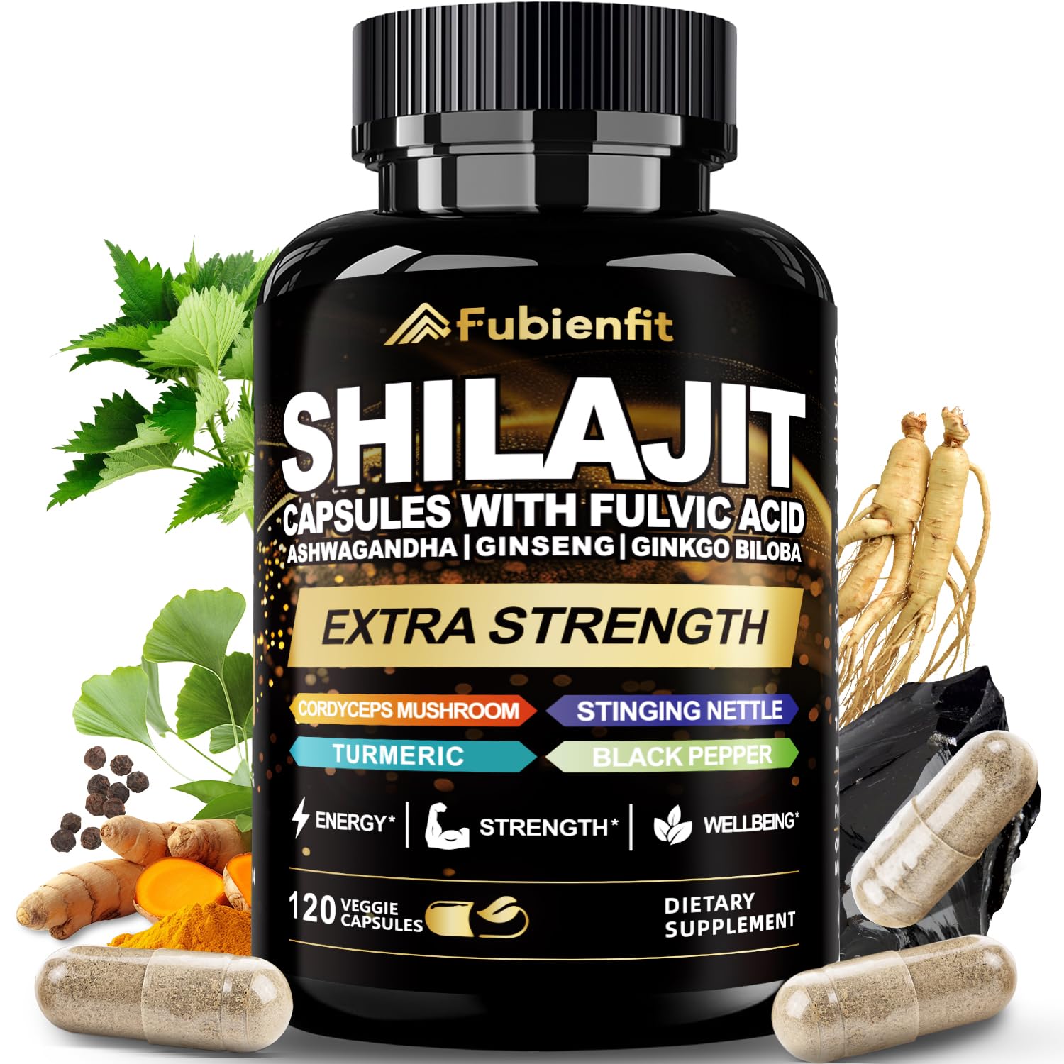 Fubienfit Shilajit capsules bottle for daily energy support.