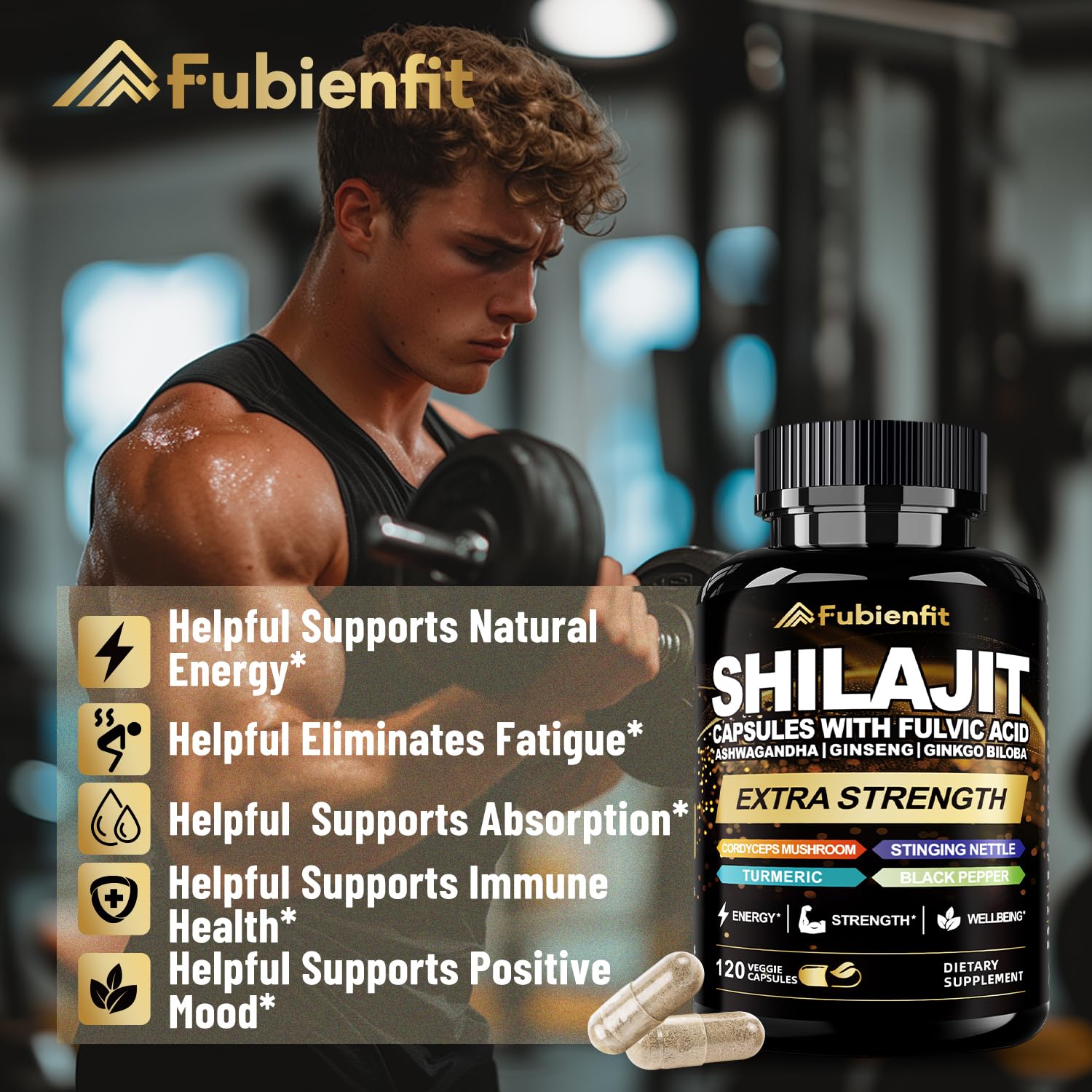 Fubienfit Shilajit capsules label highlights gluten-free and non-GMO features.