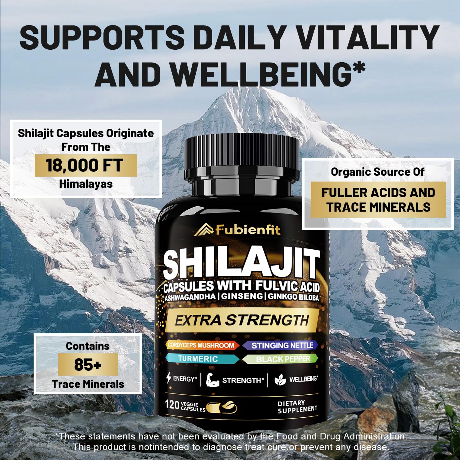Fubienfit Shilajit capsules pour scene illustrating easy dosing with meals.
