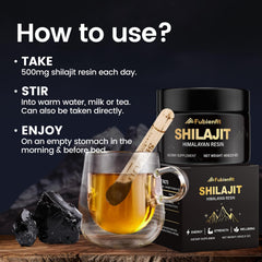 Fubienfit Shilajit resin dosed on a spoon, ready to mix into warm beverages.