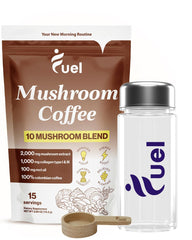 Fuel Brain Boost Mushroom Coffee bottle and scoop for easy daily servings