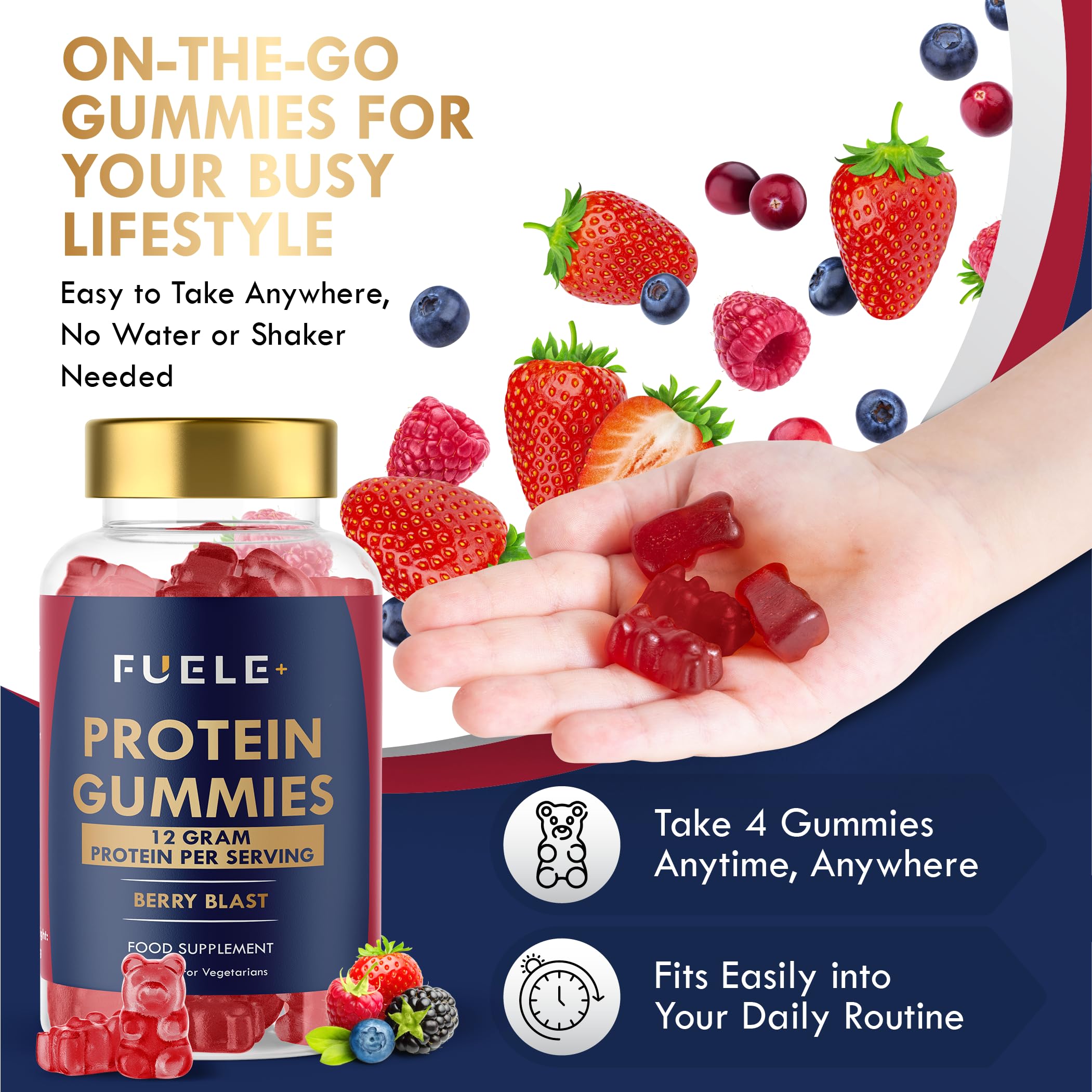 FUELE+ Gummies showing 12g protein per serving for convenient snacking.