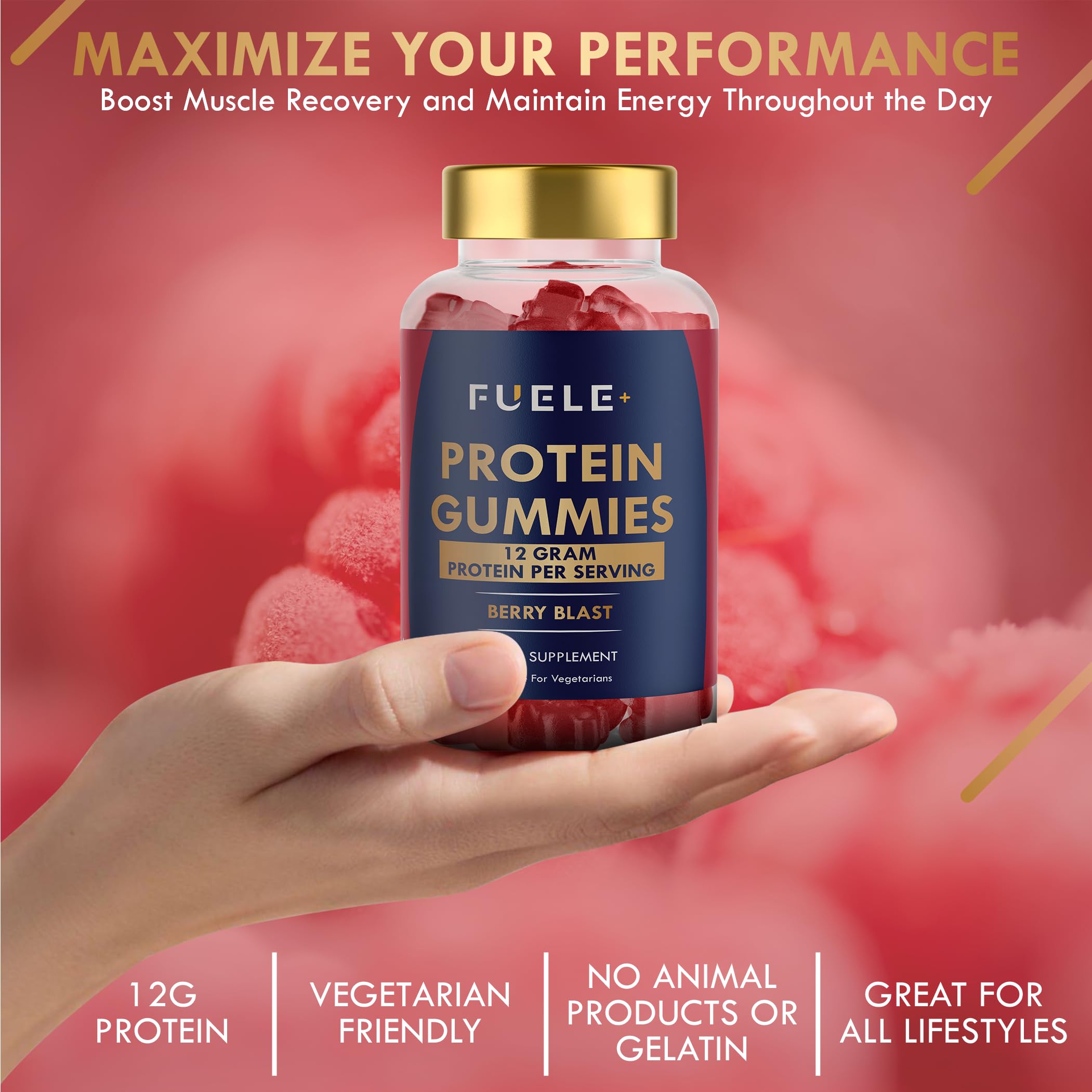 FUELE+ Gummies displayed near gym bag, emphasizing no added sugar and portability.