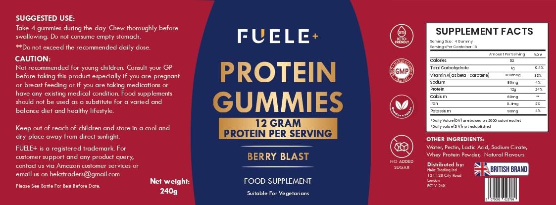 FUELE+ on-the-go protein gummies beside bottle.
