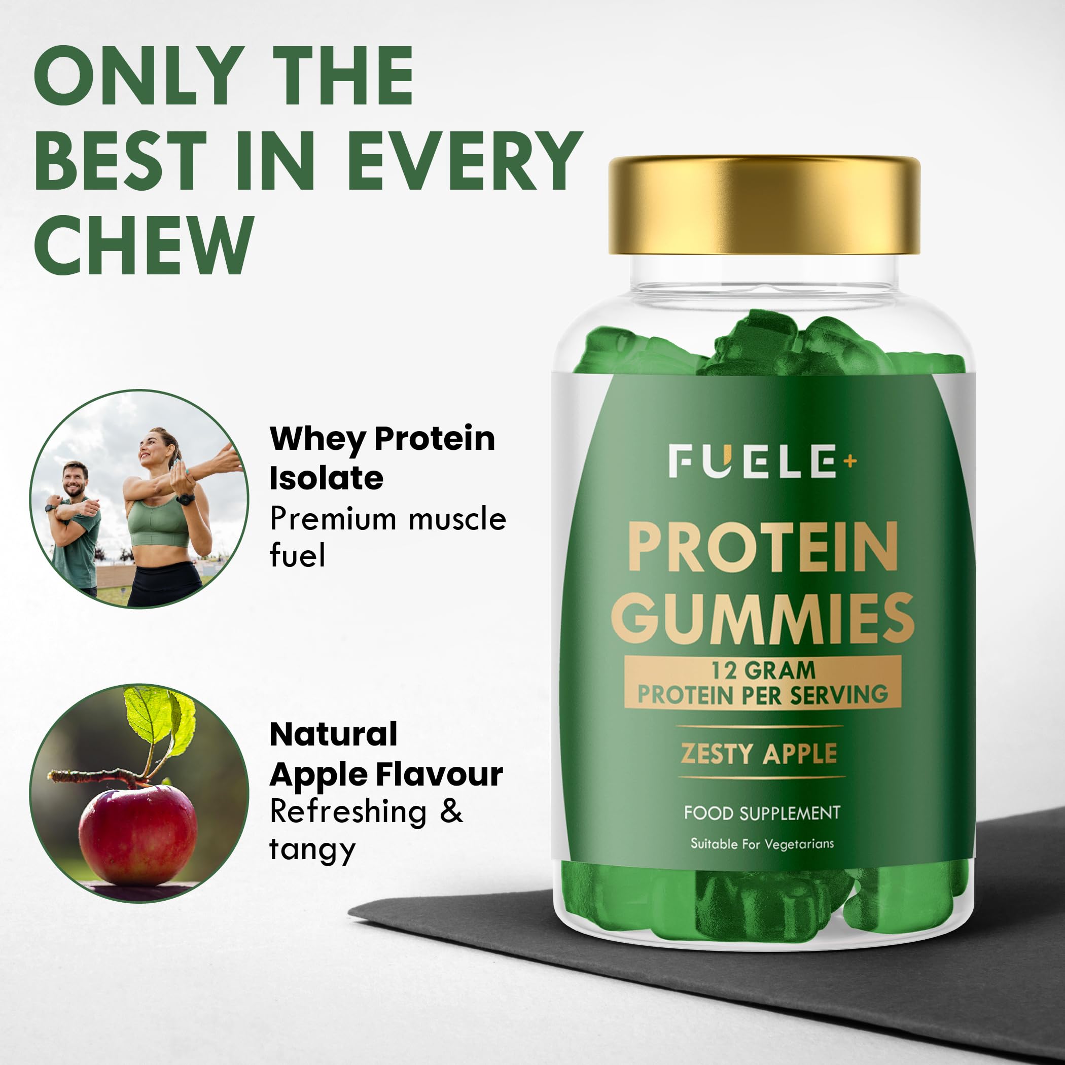 A hand grabs FUELE+ gummy for a quick snack moment.