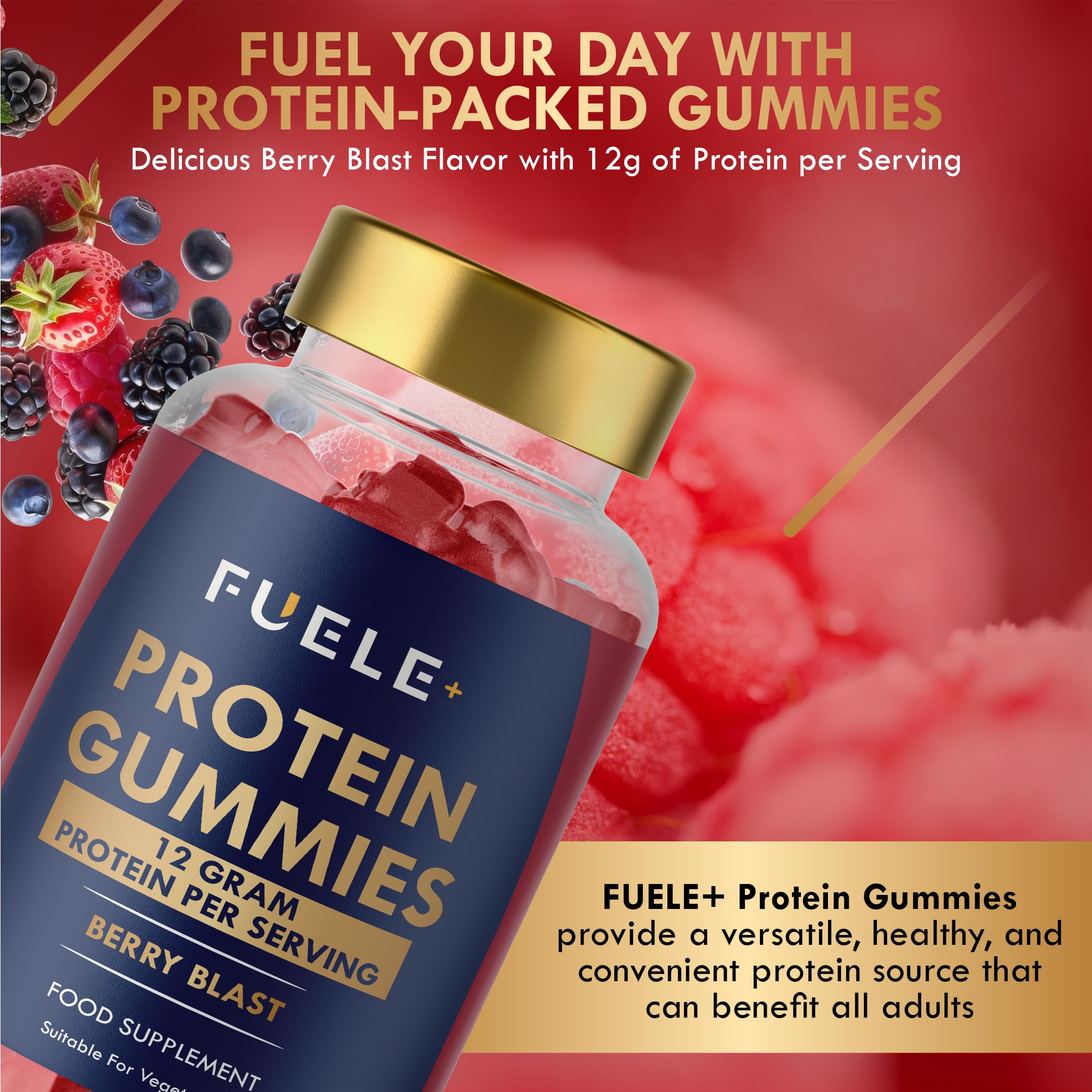 Close-up of FUELE+ Gummies texture showing chewy bite and 12g protein per serving.