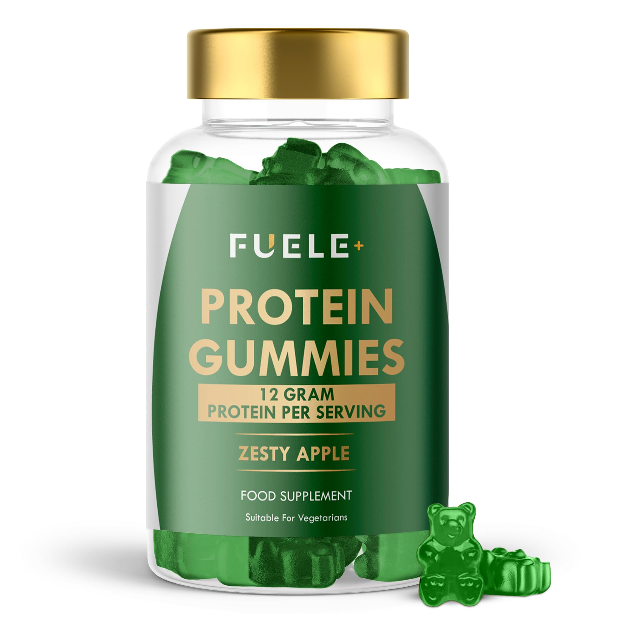 FUELE+ bottle of Whey Protein Gummies with zesty apple flavor for easy daily protein.