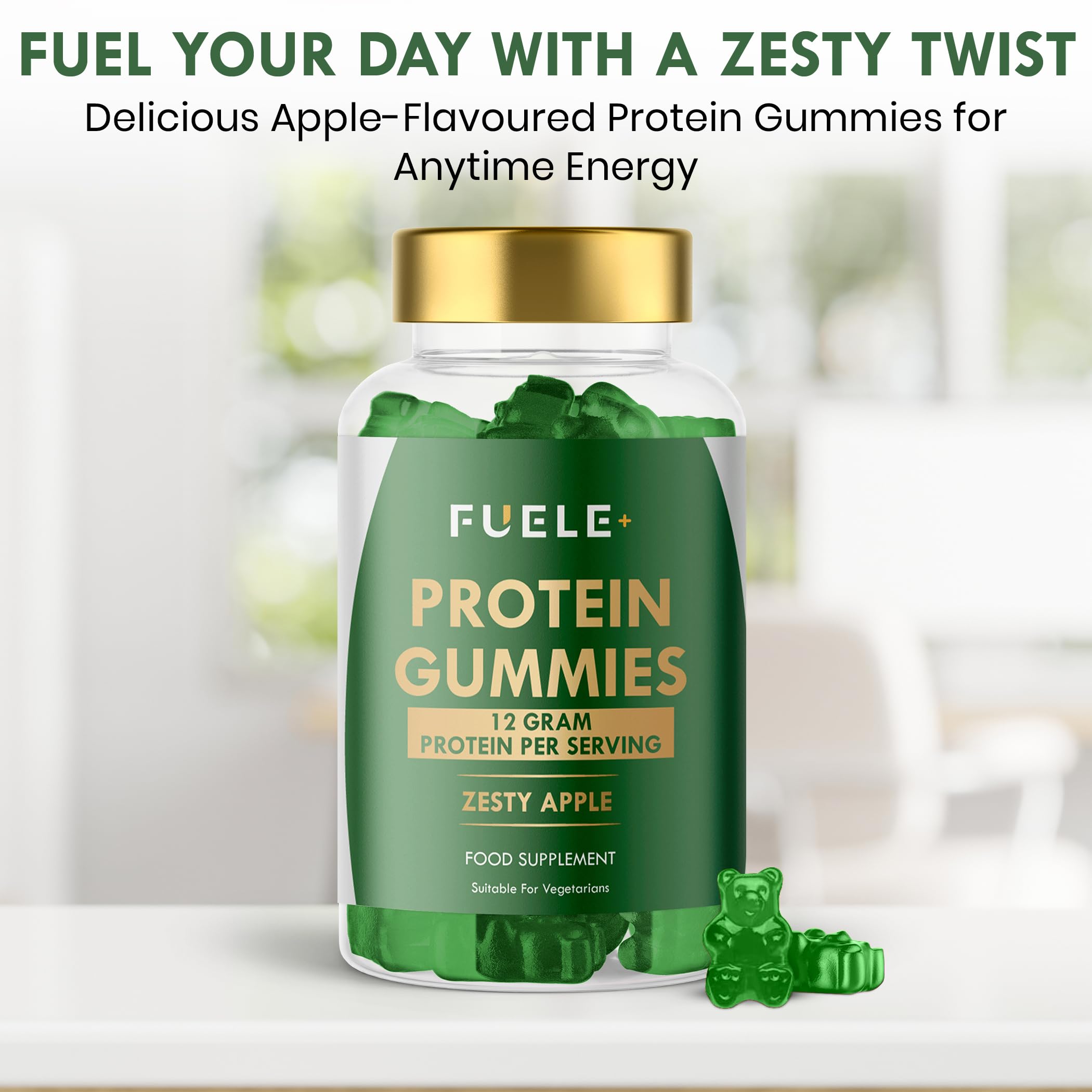 Close-up of FUELE+ gummies shows chewy texture and inviting apple aroma.