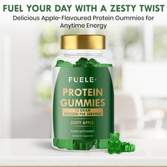 Close-up of FUELE+ gummies shows chewy texture and inviting apple aroma.