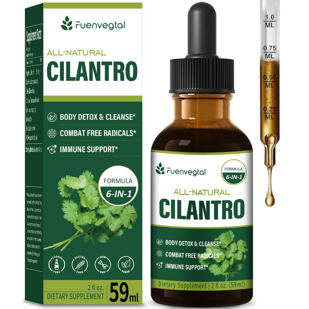 Fuenvegtal Cilantro Drops bottle showing detox and immune support.