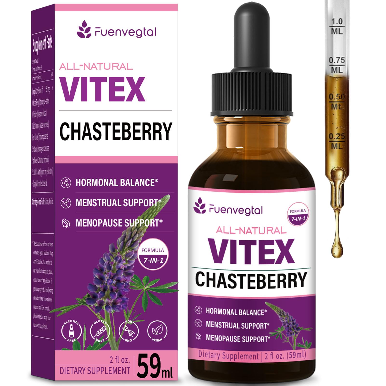 Fuenvegtal Herbal Tincture bottle highlighting a natural blend for hormonal balance.