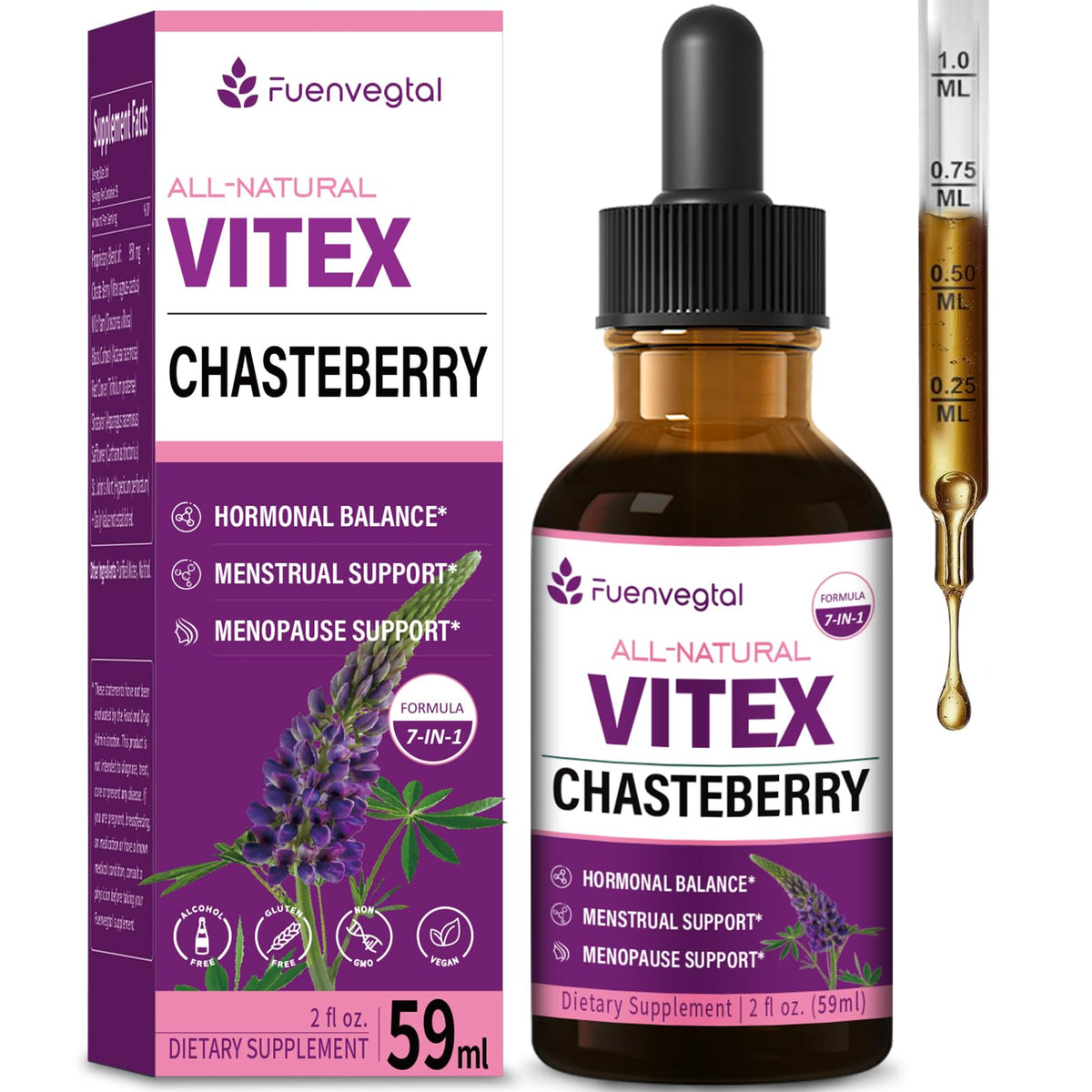 Fuenvegtal Vitex drops bottle pour for easy daily use and quick absorption.