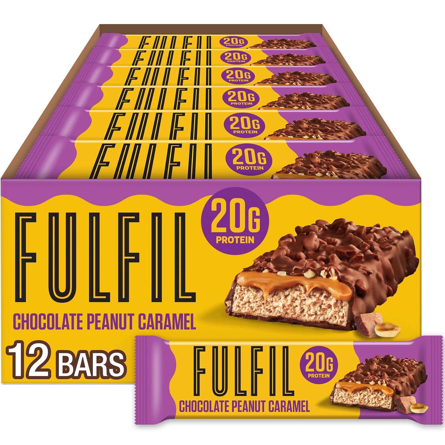 Fulfil Chocolate Peanut Caramel Bar wrapper close-up, indulgent texture for on-the-go snacking