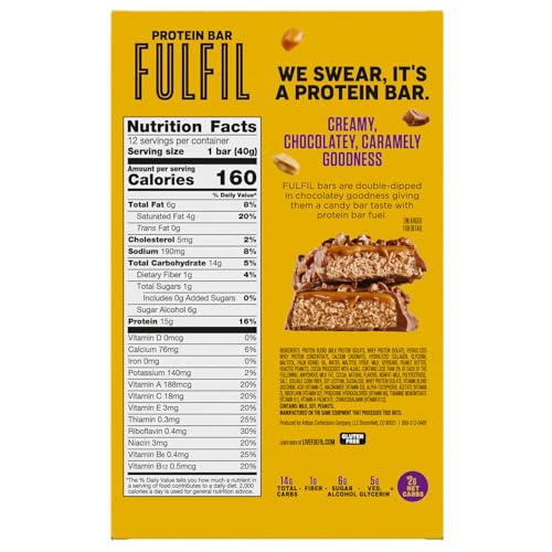 Cross-section view of FULFIL bar shows layers of peanut nougat, caramel creme, and chocolate.