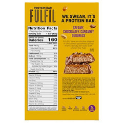 Cross-section view of FULFIL bar shows layers of peanut nougat, caramel creme, and chocolate.
