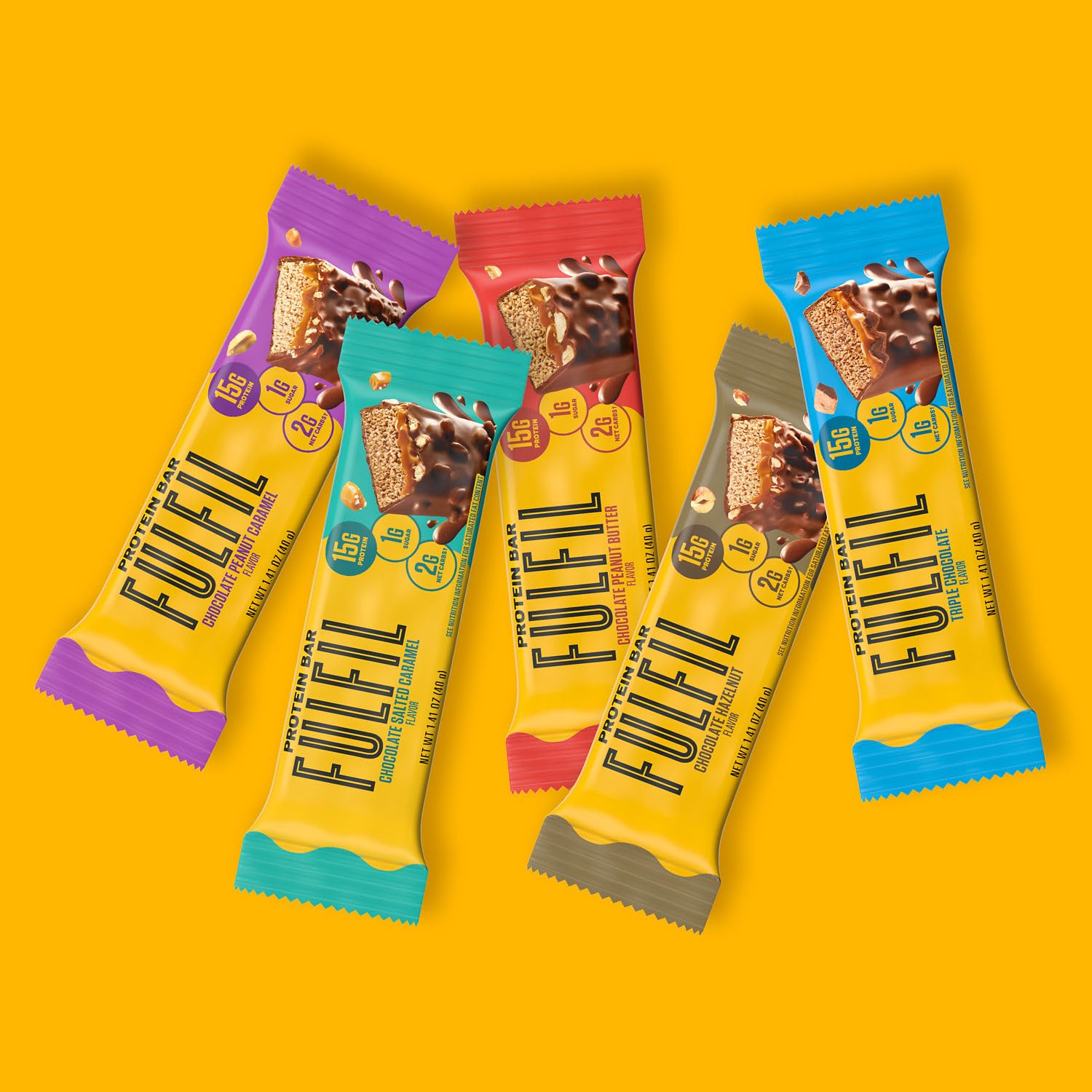 Pantry shelf display of FULFIL bars stacked for easy grabbing.