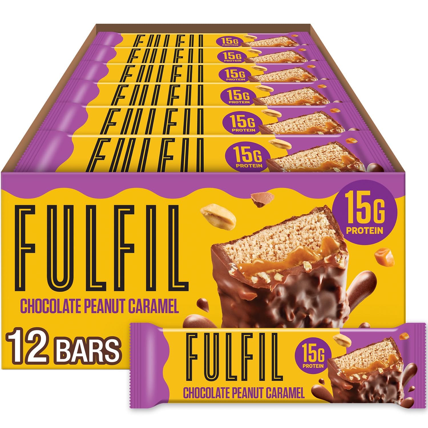 FULFIL chocolate peanut caramel bar packaging showcasing gluten-free and high protein convenience.