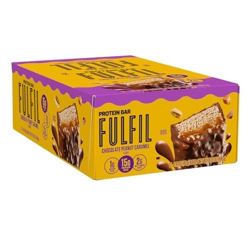 FULFIL bar unwrapped reveals peanut nougat, caramel creme, and chocolatey coating.