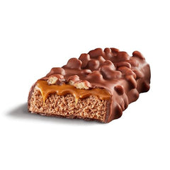 FULFIL bar closeup reveals the chewy nougat center and crisped bits.