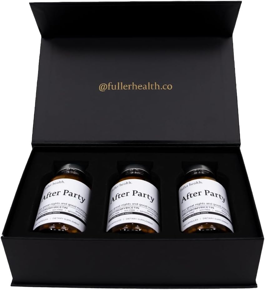 Fuller Health After Party DHM packaging in store display emphasizes convenient recovery
