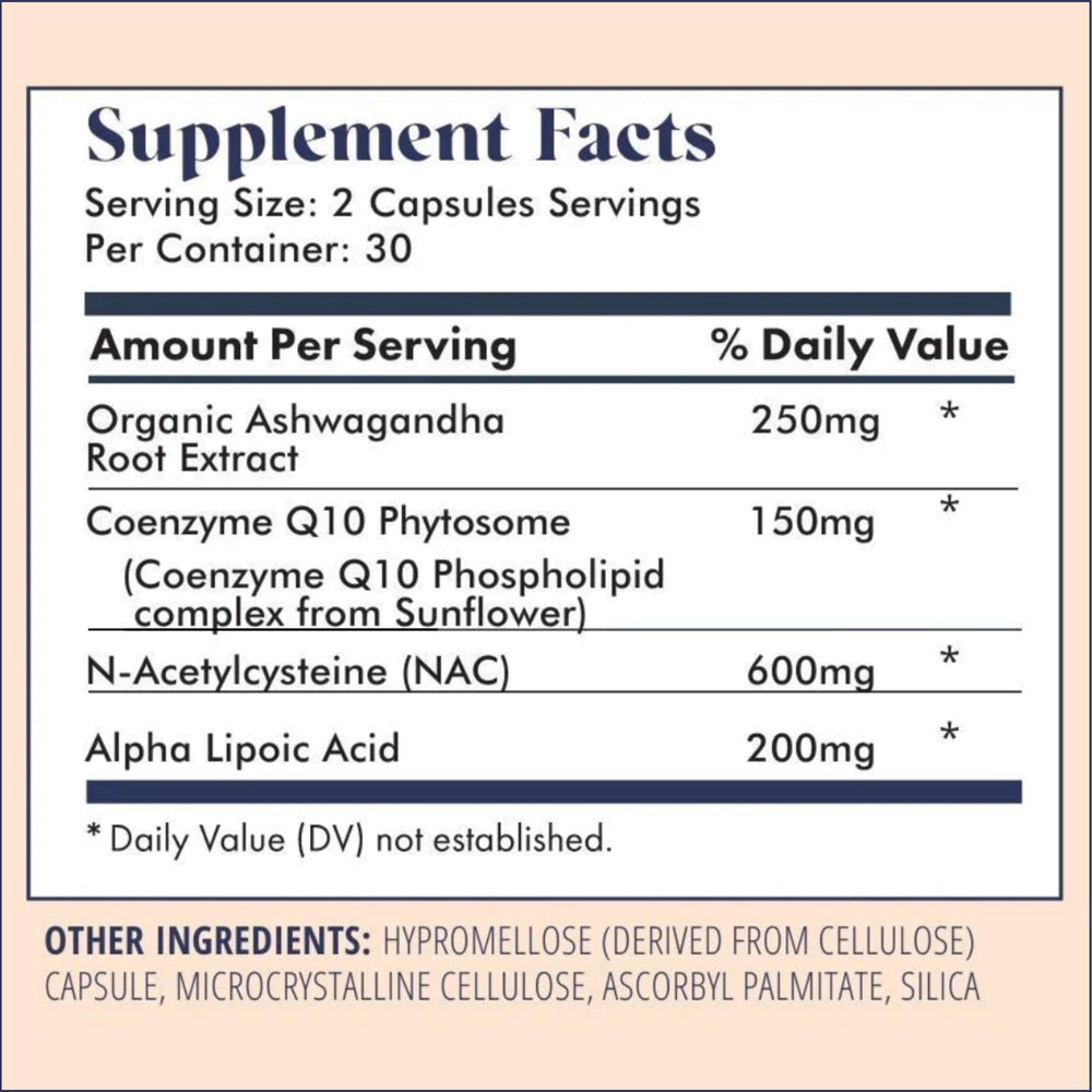 FullWell capsules close-up with Ashwagandha and CoQ10 ingredients