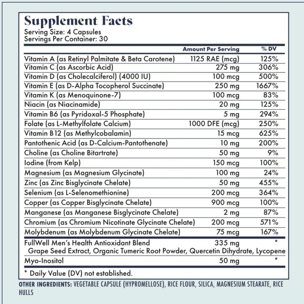 FullWell Fertility Multivitamin label packaging with third-party tested emphasis