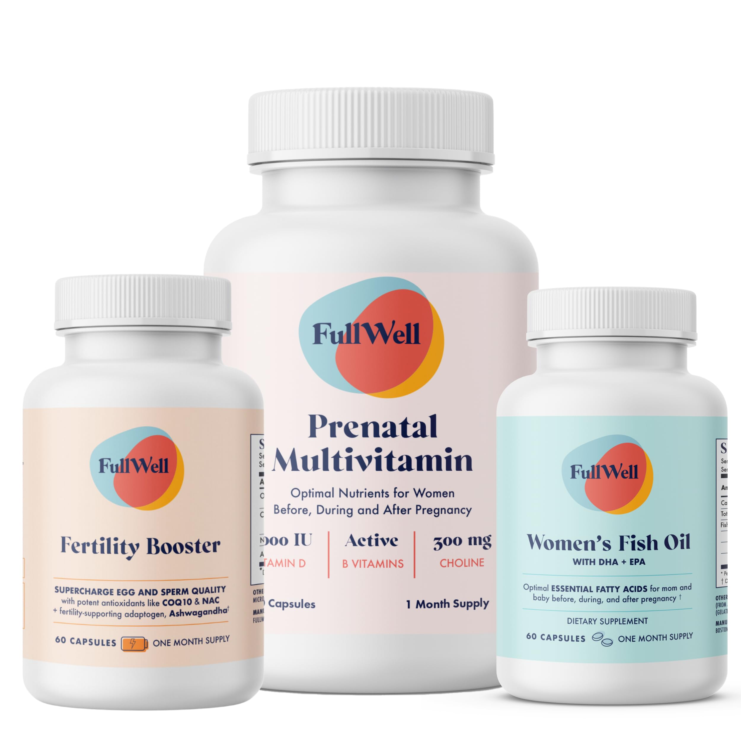 FullWell Fertility Trio bottle close-up for daily prenatal support.