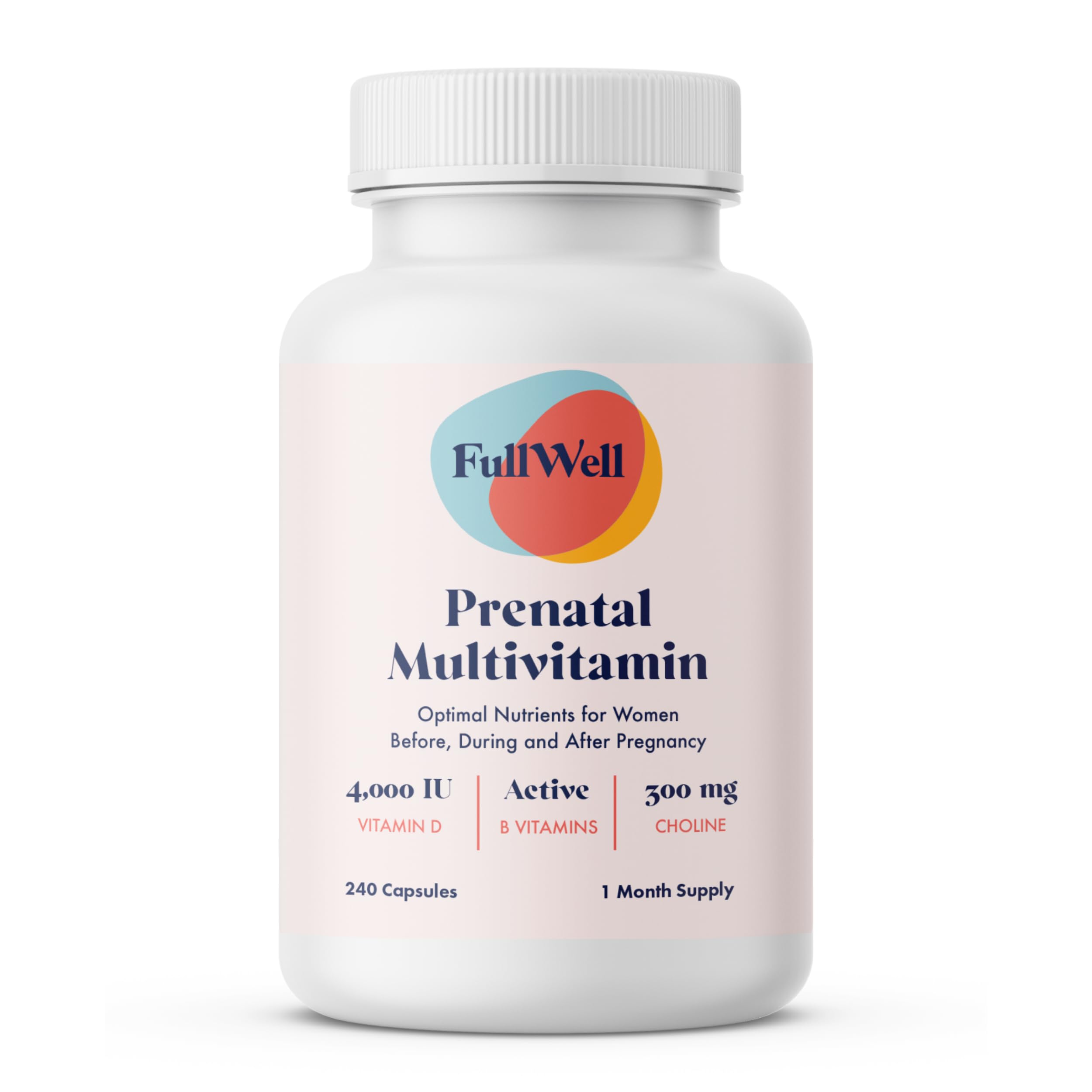 FullWell Prenatal bottle front view with 26+ nutrients for fetal growth.