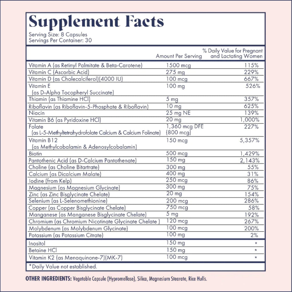 FullWell bottle close-up of ingredients panel highlights folate, choline, and chelated minerals.