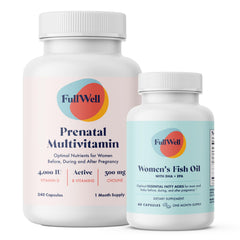 FullWell Prenatal Vitamin + DHA bottle highlights comprehensive nutrients for mom and baby.