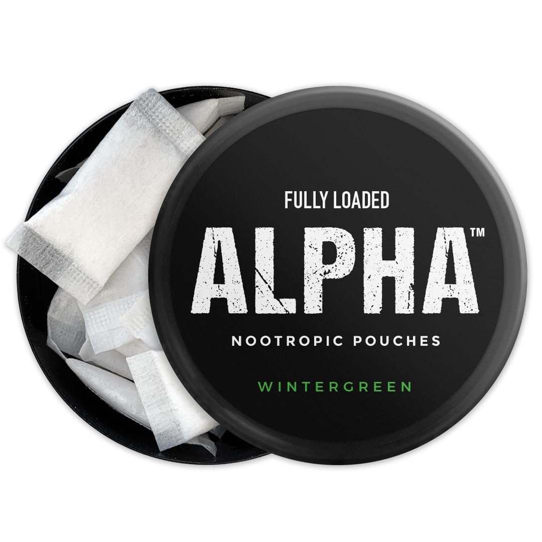 Fully Loaded Alpha Nootropic Pouches wintergreen closeup, fast-absorption design for quick focus.