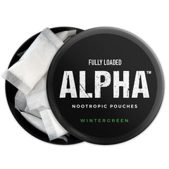 Fully Loaded Alpha Nootropic Pouches wintergreen closeup, fast-absorption design for quick focus.