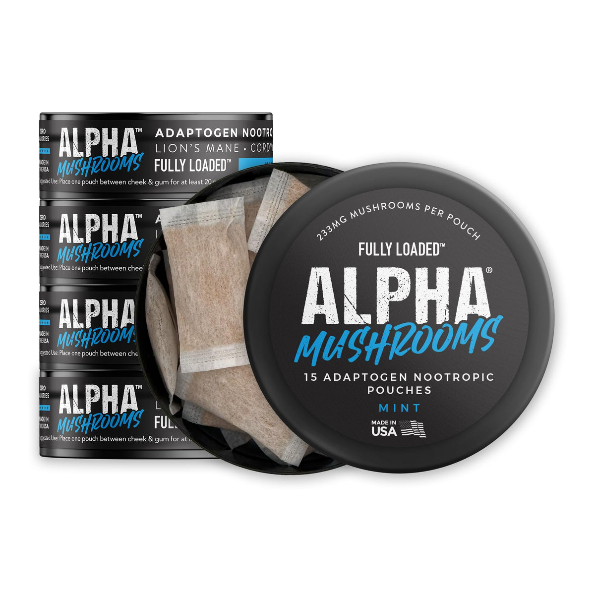 Fully Loaded Bullseye Alpha Mushrooms mint can front view for daily focus support.