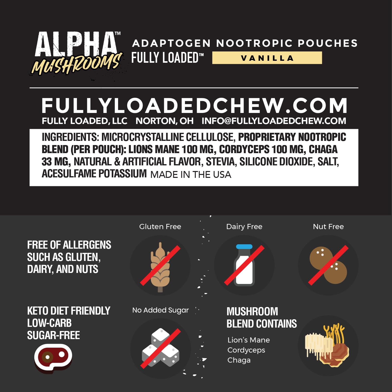 Fully Loaded Bullseye Alpha Mushrooms mint can side view with label details for trust.