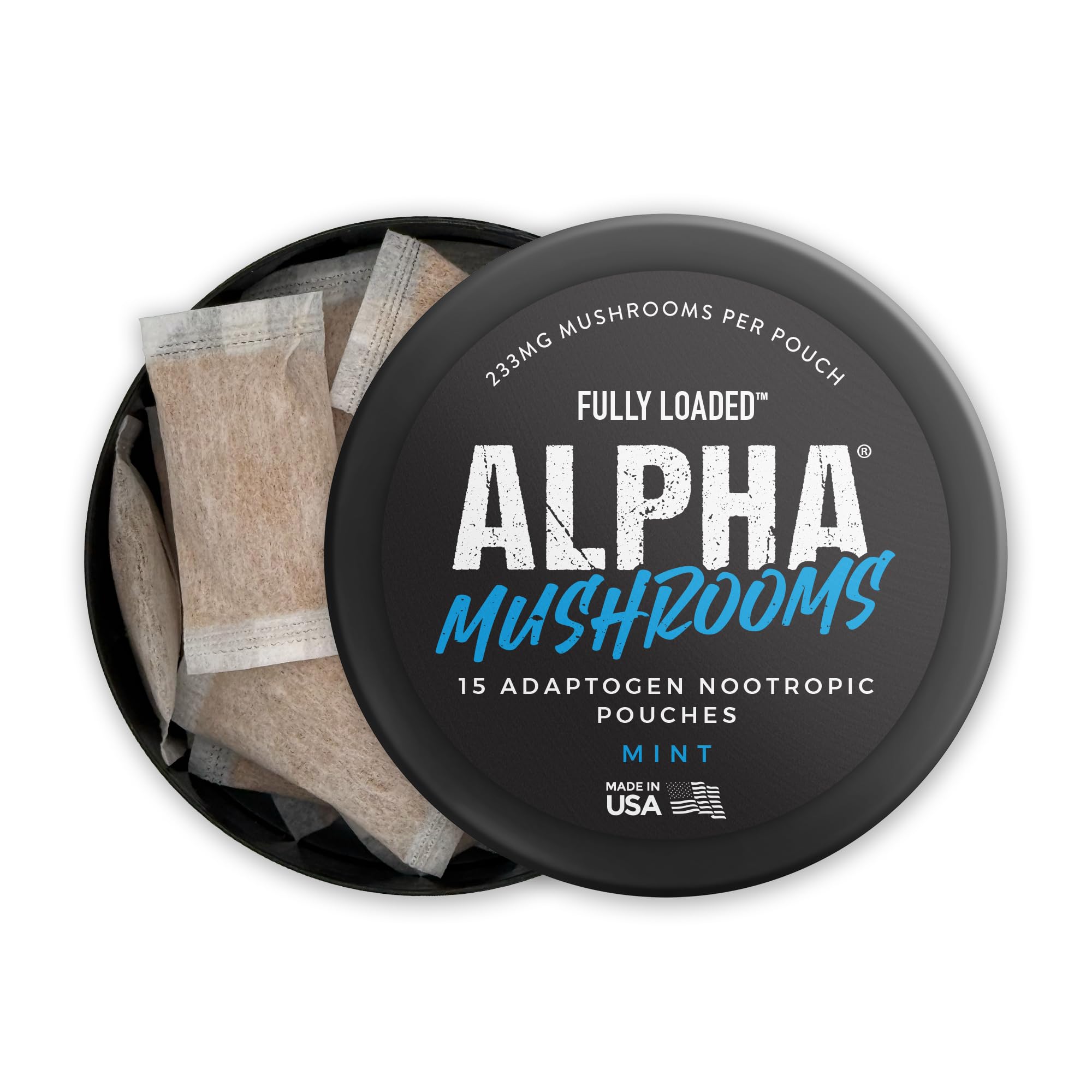 Fully Loaded Bullseye Alpha Mushrooms mint on-desk routine shot for improved focus.