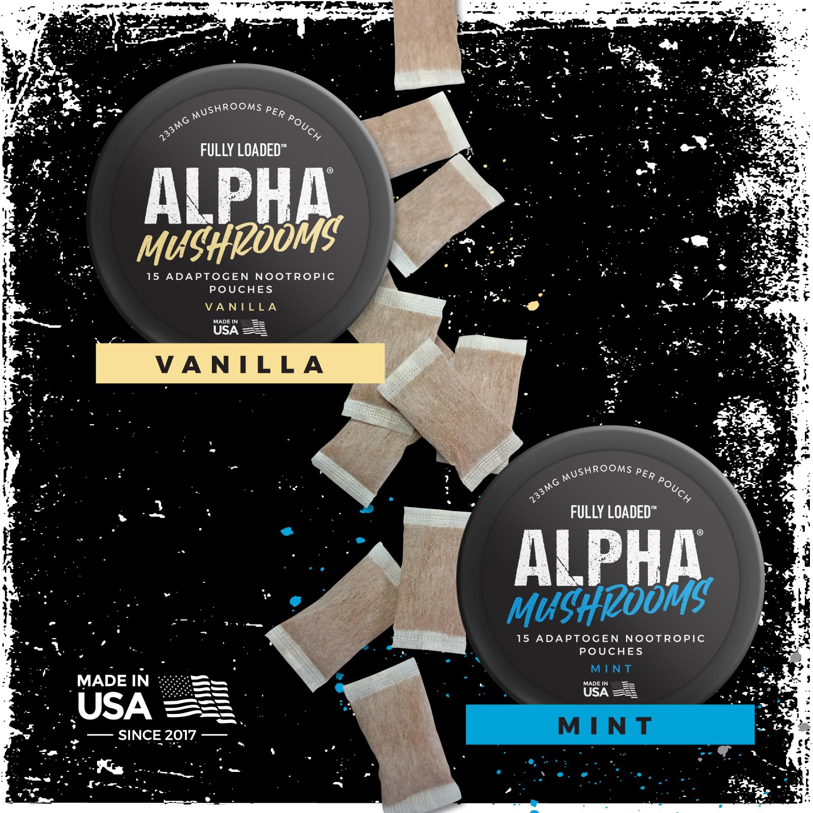 Fully Loaded Bullseye Alpha Mushrooms mint label close-up showing ingredients and benefits.